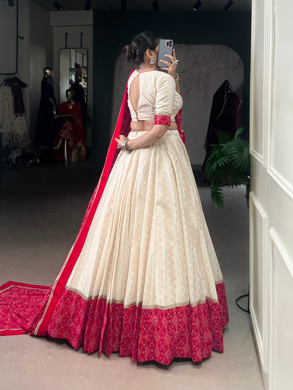 Lorenvalley Fashion Offwhite Cotton Zigzag and Bandhej Print With Sequins Lace Touch Up Lehenga Choli with Dupatta
