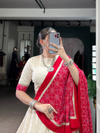 Lorenvalley Fashion Offwhite Cotton Zigzag and Bandhej Print With Sequins Lace Touch Up Lehenga Choli with Dupatta