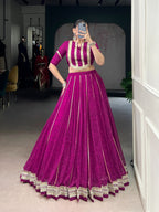 Lorenvalley Fashion Wine Chiffon Bandhej Print with Sequins and Gotta Patti Lace Touch Up Lehenga Choli