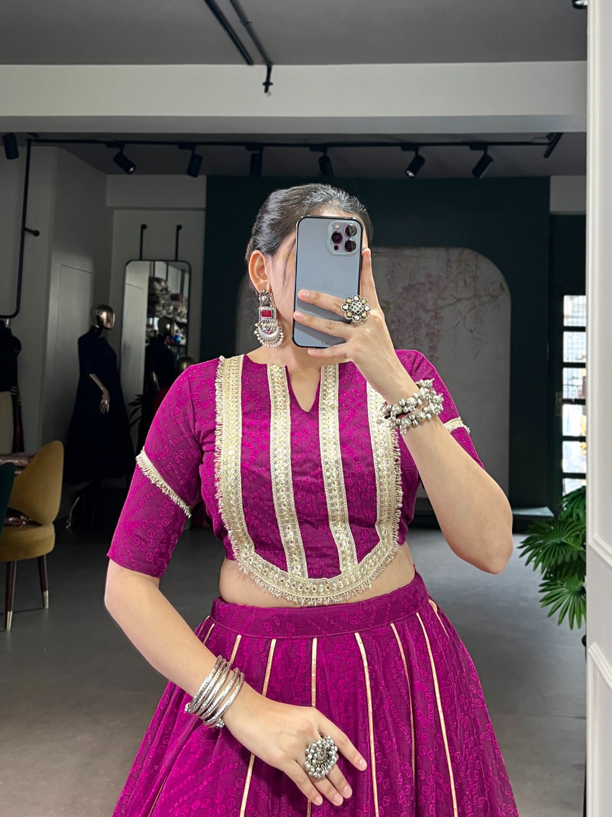 Lorenvalley Fashion Wine Chiffon Bandhej Print with Sequins and Gotta Patti Lace Touch Up Lehenga Choli