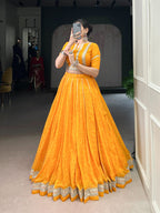 Lorenvalley Fashion Yellow Chiffon Bandhej Print with Sequins and Gotta Patti Lace Touch Up Lehenga Choli