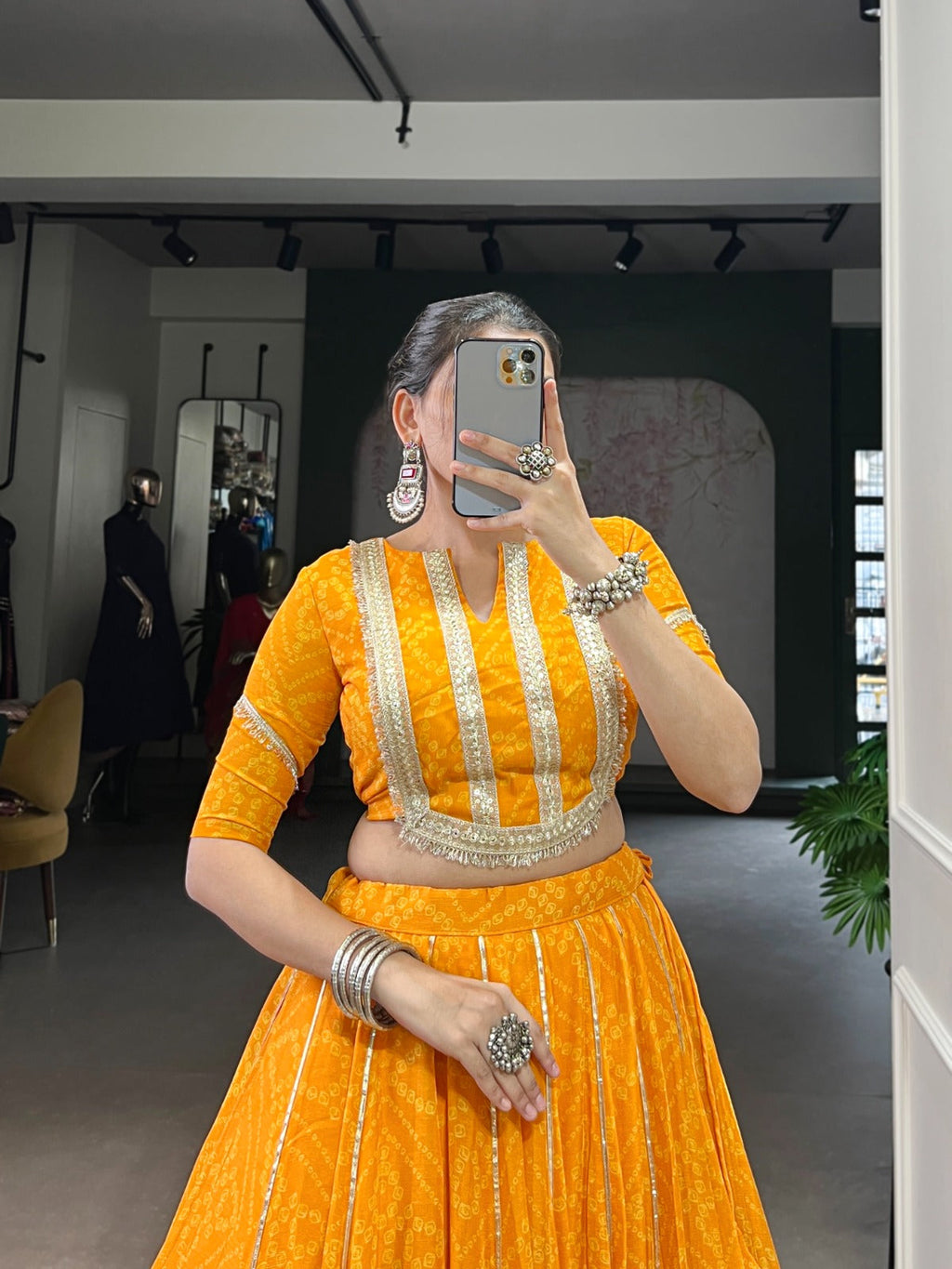 Lorenvalley Fashion Yellow Chiffon Bandhej Print with Sequins and Gotta Patti Lace Touch Up Lehenga Choli