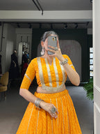 Lorenvalley Fashion Yellow Chiffon Bandhej Print with Sequins and Gotta Patti Lace Touch Up Lehenga Choli