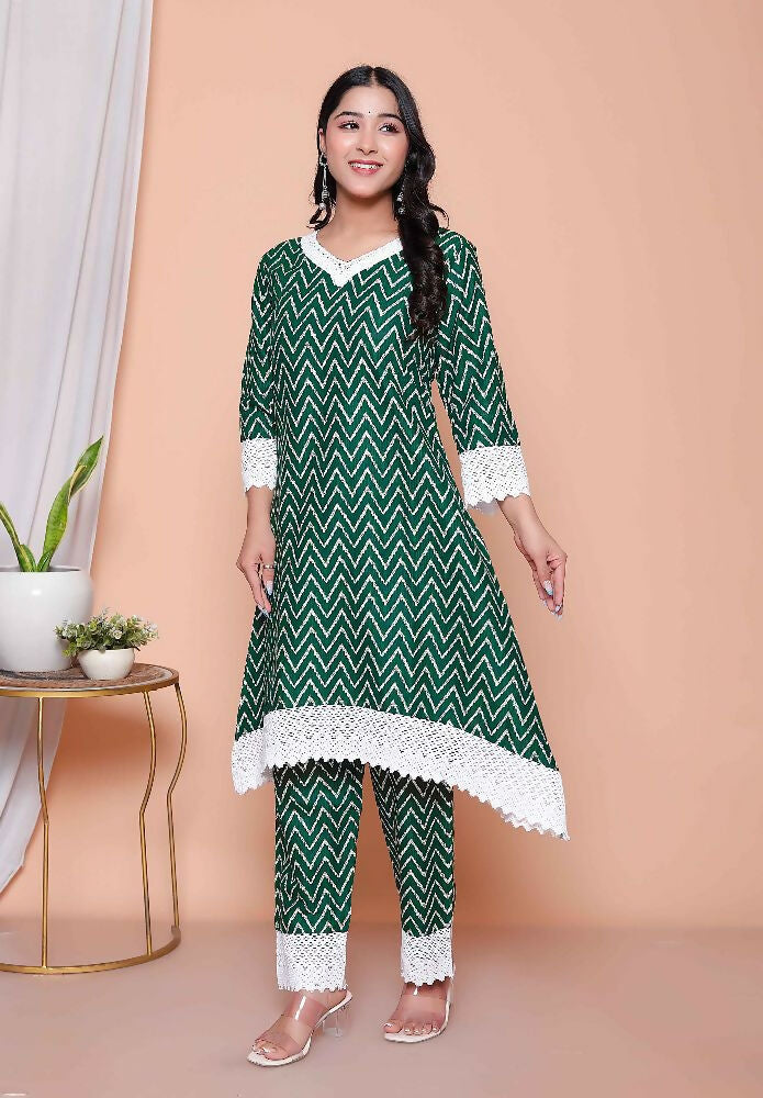 Miravan Womens Green Rayon Zigzag Print Kurta With Palazzo Set - Distacart