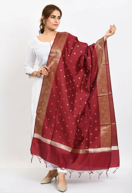 Mominos Fashion Moeza Women's Banarsi Silk Woven Design Maroon Dupatta
