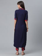 Ahalyaa Navy Blue Solid Rayon Kurta Pant Set