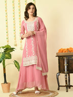 Myshka Women's Pink Georgette Kurta & Skirt With Dupatta Party Sets