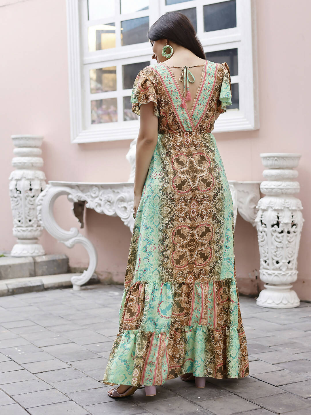 Sea Green Rayon Foil Printed Long Dress - Michan - Distacart