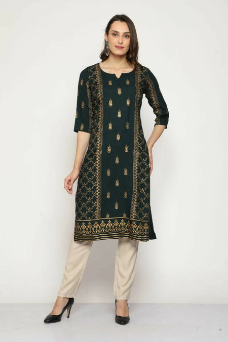 Maai Rayon Hand Printed Kurta Green