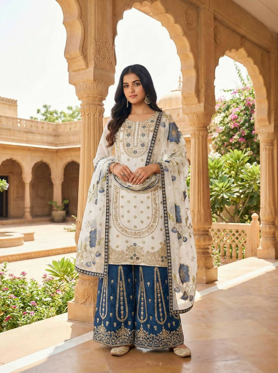 Teeya Creation Blue Gimmy Silk Designer Embroidery Work Wedding Wear Palazzo Pair - Distacart