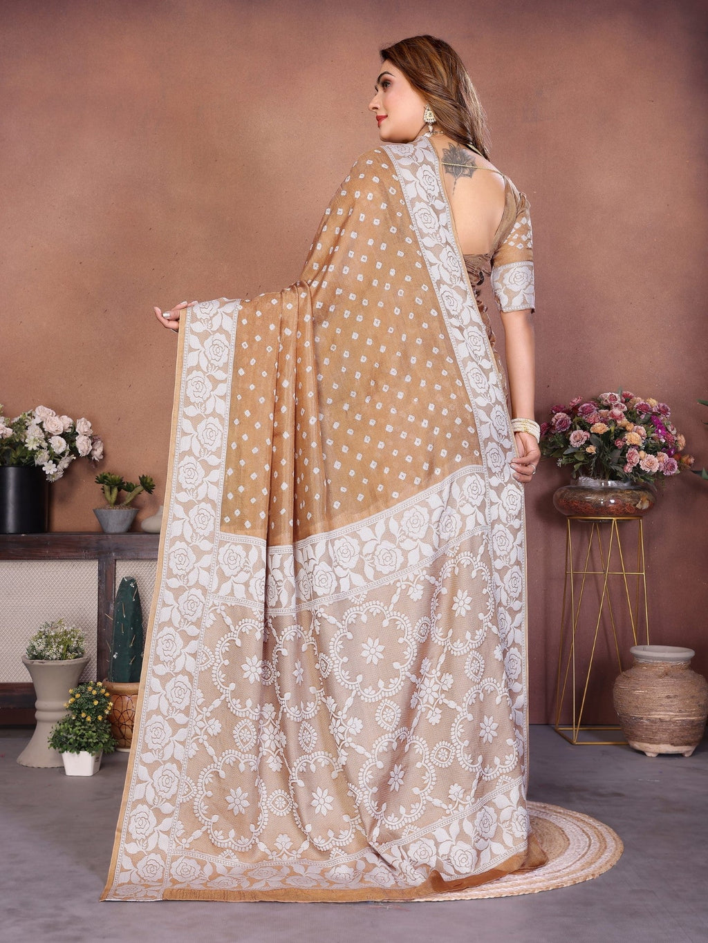Anaita Cream Handmade Bandhej Viscose Silk Saree With Blouse - Distacart