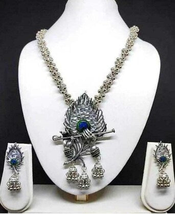 Tehzeeb Creations Women's Silver Colour Oxidised Necklace And Earring Bansuri Design