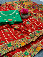 Lorenvalley Fashion Premium Red Dola Silk Embroidery and Diamond work with Jacquard Lace Border Saree - Distacart
