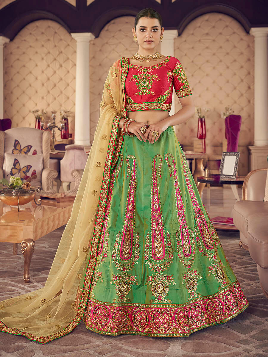 Myra Green Art Silk Jaquard Embroidered Lehenga