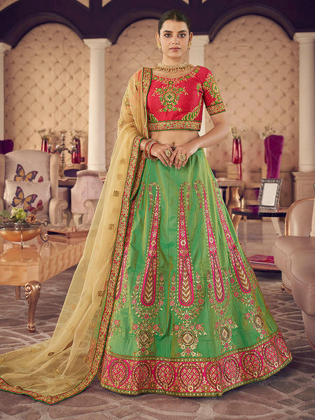 Myra Green Art Silk Jaquard Embroidered Lehenga