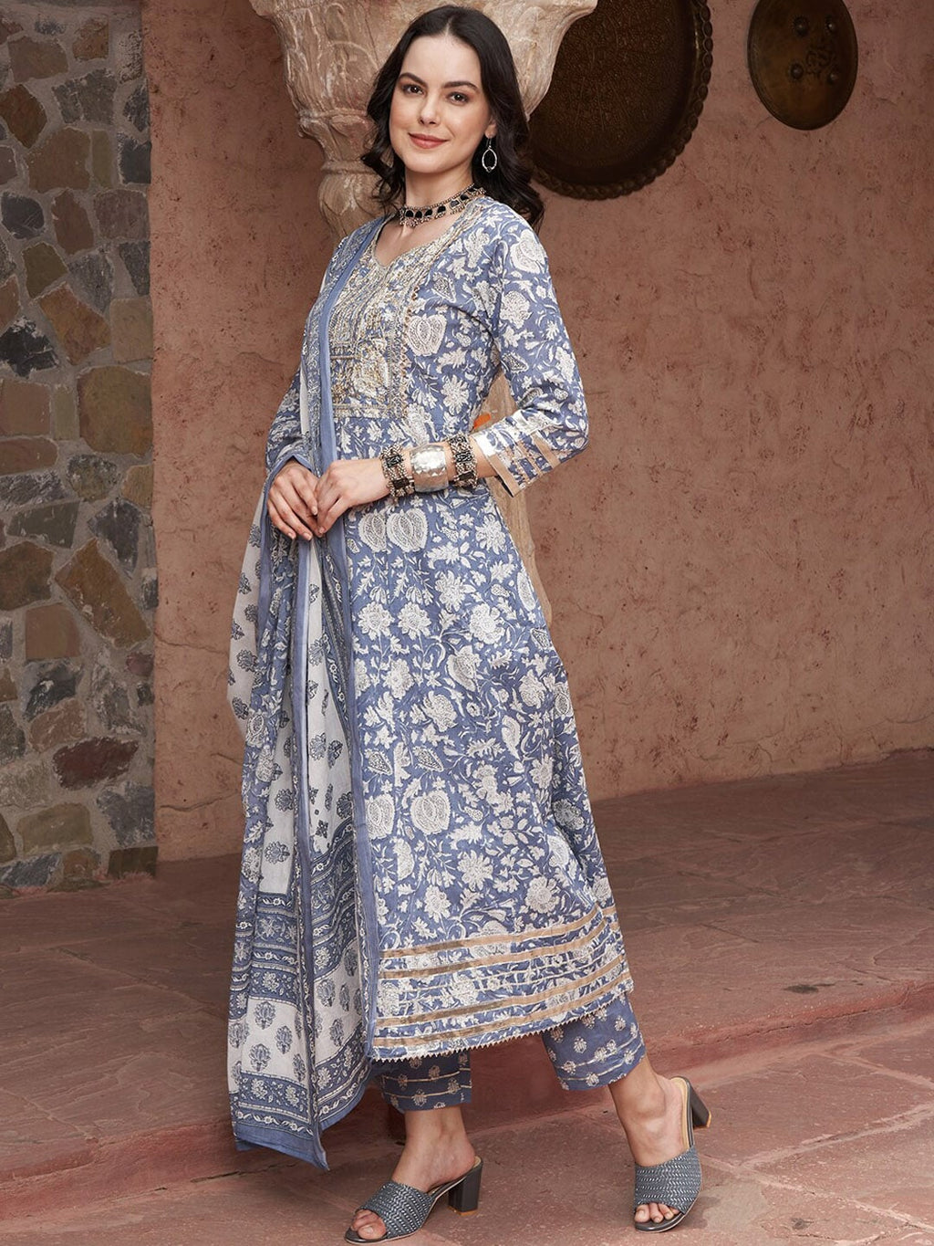 Sangria Blue Printed Thread Work Pure Cotton Empire A-Line Kurta with Trousers & Dupatta