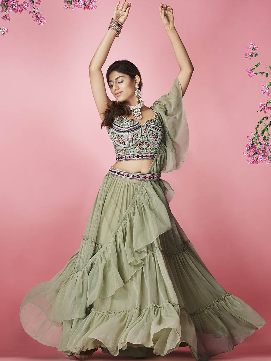 Myra Olive Green Art Silk Designer Lehenga