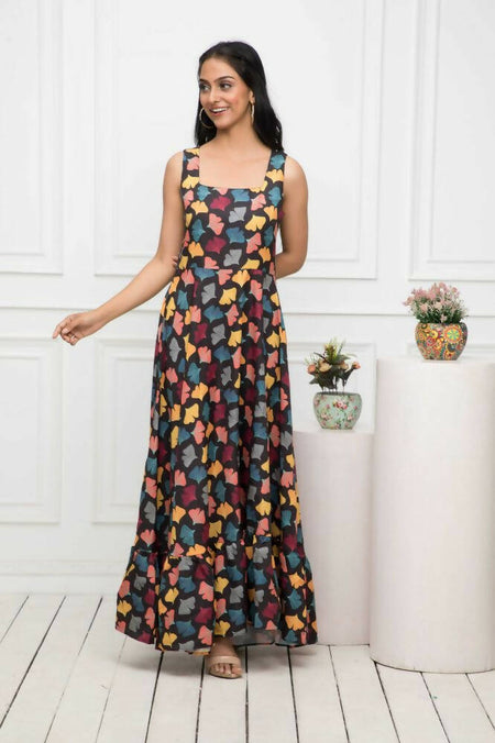 Myshka Women Black Floral Rayon A-Line Round Neck Dress