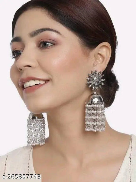 Tehzeeb Creations Women's Silver Colour Oxidised Earrings With White Pearl