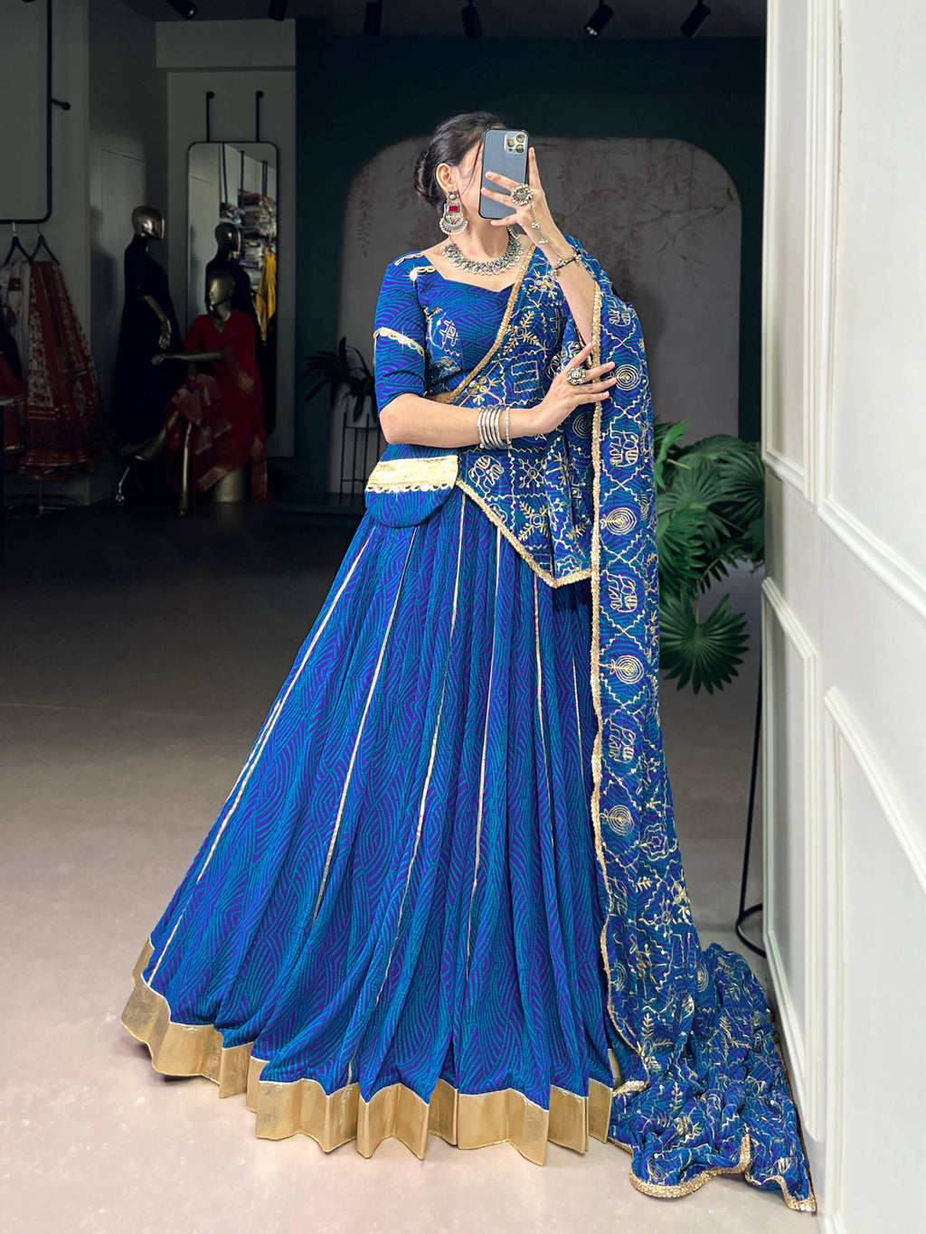 Lorenvalley Fashion Blue Georgette Bandhej Print and Embossed Design Lace with Gota Patti Touch Up Lehenga Choli with Dupatta