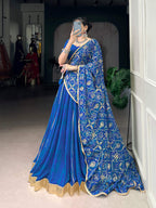 Lorenvalley Fashion Blue Georgette Bandhej Print and Embossed Design Lace with Gota Patti Touch Up Lehenga Choli with Dupatta