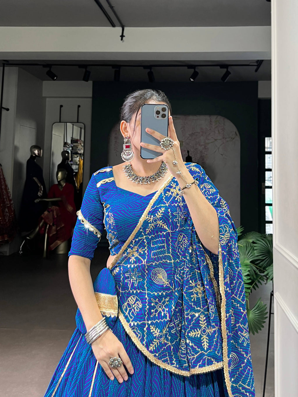 Lorenvalley Fashion Blue Georgette Bandhej Print and Embossed Design Lace with Gota Patti Touch Up Lehenga Choli with Dupatta