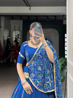 Lorenvalley Fashion Blue Georgette Bandhej Print and Embossed Design Lace with Gota Patti Touch Up Lehenga Choli with Dupatta