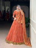 Lorenvalley Fashion Orange Georgette Bandhej Print and Embossed Design Lace with Gota Patti Touch Up Lehenga Choli with Dupatta