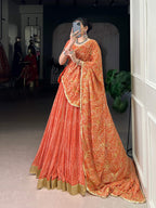 Lorenvalley Fashion Orange Georgette Bandhej Print and Embossed Design Lace with Gota Patti Touch Up Lehenga Choli with Dupatta