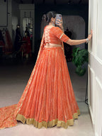Lorenvalley Fashion Orange Georgette Bandhej Print and Embossed Design Lace with Gota Patti Touch Up Lehenga Choli with Dupatta