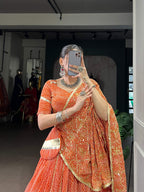 Lorenvalley Fashion Orange Georgette Bandhej Print and Embossed Design Lace with Gota Patti Touch Up Lehenga Choli with Dupatta