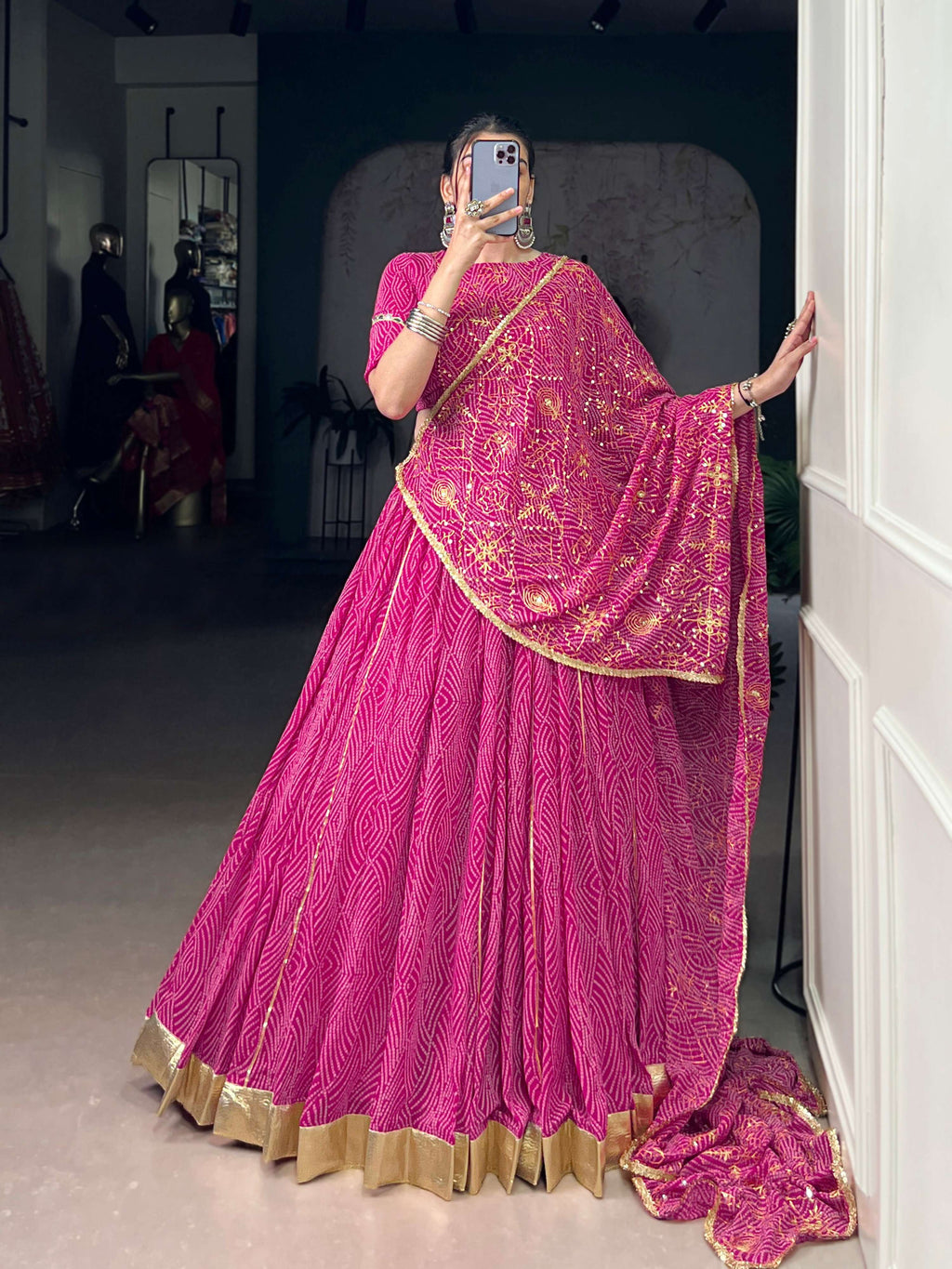 Lorenvalley Fashion Pink Georgette Bandhej Print and Embossed Design Lace with Gota Patti Touch Up Lehenga Choli with Dupatta