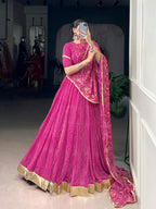 Lorenvalley Fashion Pink Georgette Bandhej Print and Embossed Design Lace with Gota Patti Touch Up Lehenga Choli with Dupatta