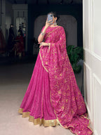 Lorenvalley Fashion Pink Georgette Bandhej Print and Embossed Design Lace with Gota Patti Touch Up Lehenga Choli with Dupatta