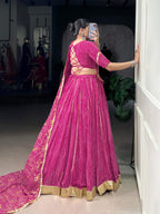 Lorenvalley Fashion Pink Georgette Bandhej Print and Embossed Design Lace with Gota Patti Touch Up Lehenga Choli with Dupatta