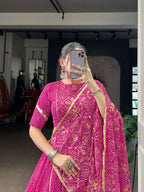 Lorenvalley Fashion Pink Georgette Bandhej Print and Embossed Design Lace with Gota Patti Touch Up Lehenga Choli with Dupatta