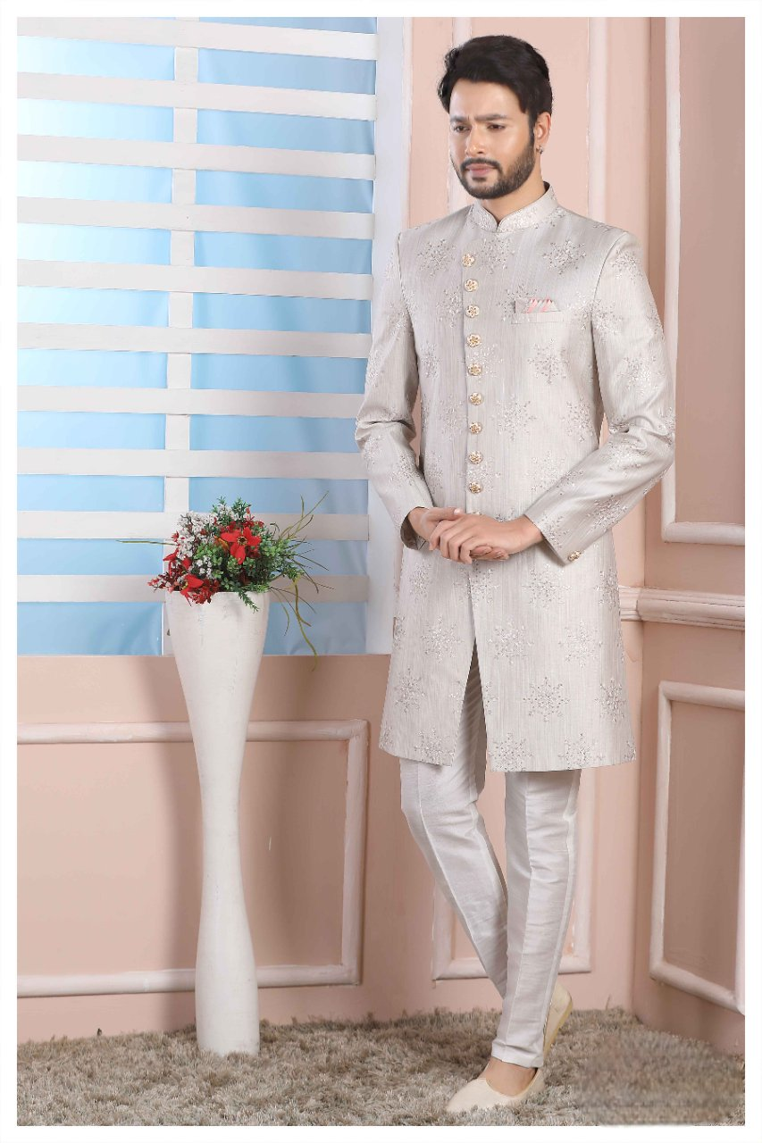 Raivat Ethnic Art Silk Thread Work Indo Western In Light Grey Colour - Distacart
