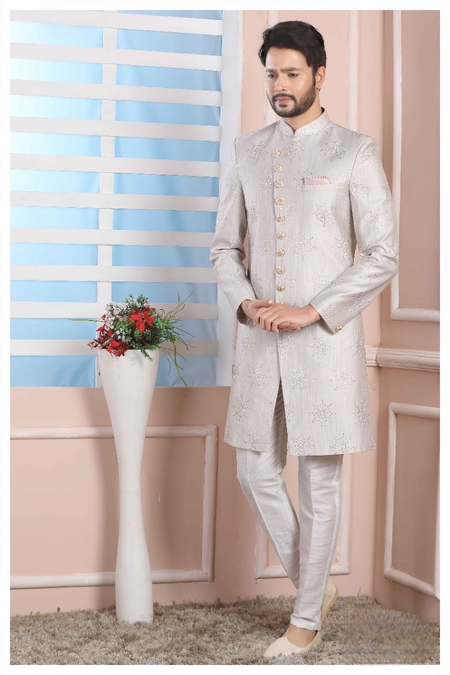 Raivat Ethnic Art Silk Thread Work Indo Western In Light Grey Colour