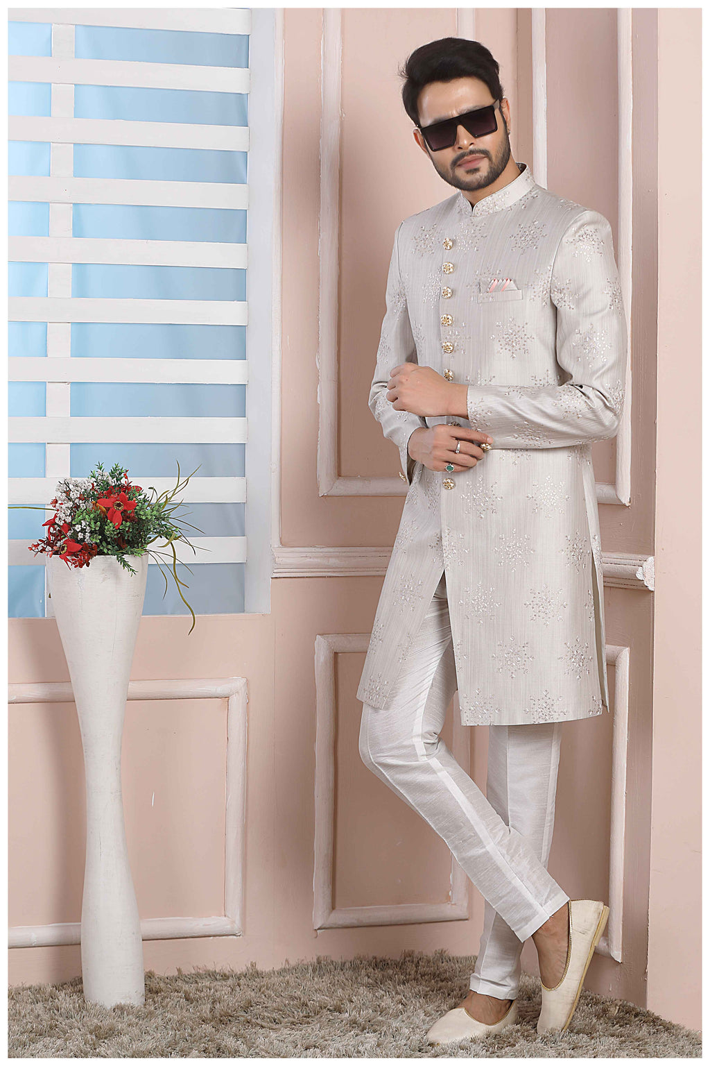 Raivat Ethnic Art Silk Thread Work Indo Western In Light Grey Colour - Distacart