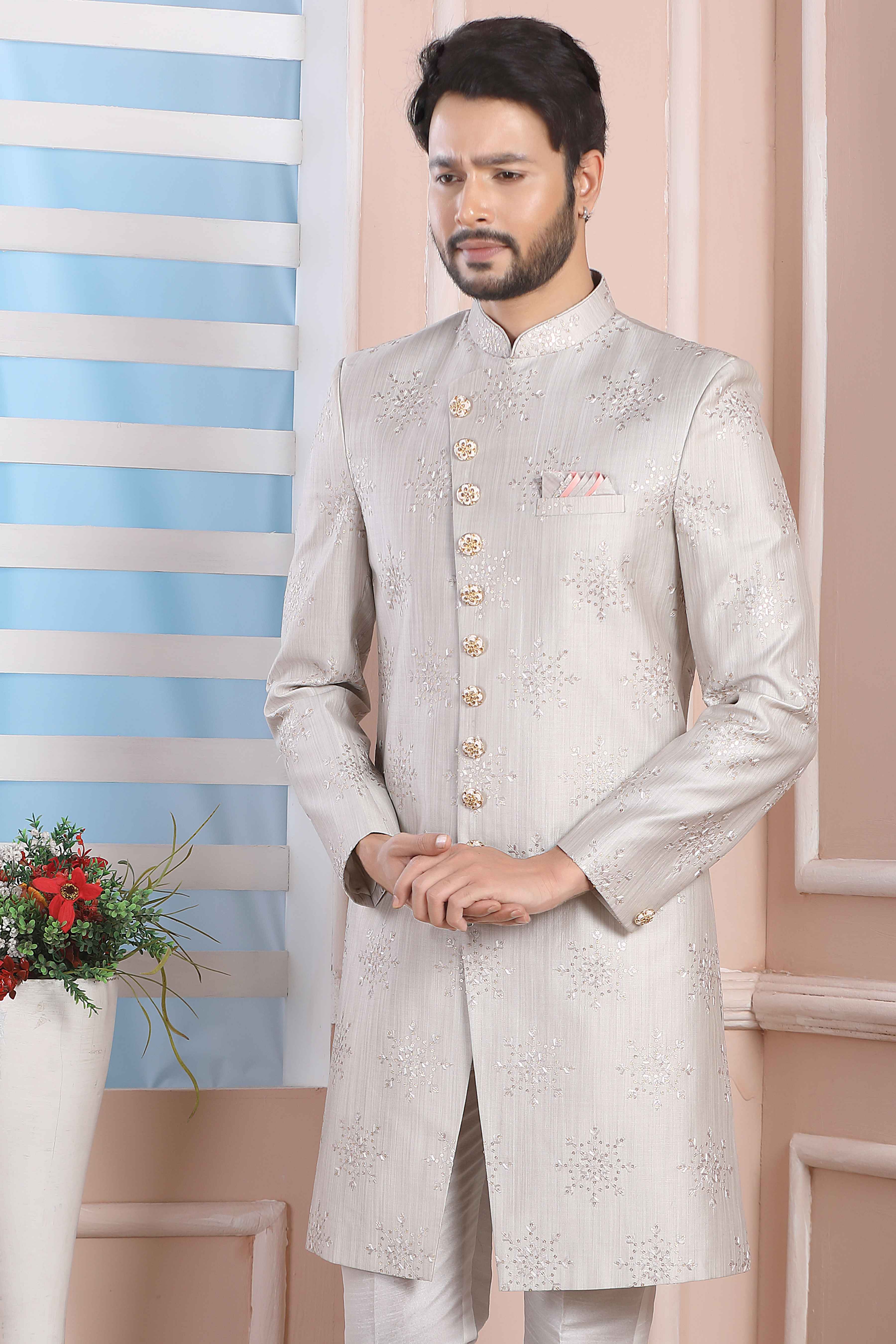 Raivat Ethnic Art Silk Thread Work Indo Western In Light Grey Colour - Distacart
