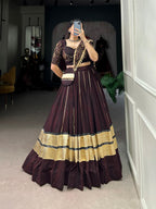 Lorenvalley Fashion Black and Maroon Georgette Bandhej Print And Embossed Design Lace With Paper Mirror Lace And Gota Patti Touch Up Lehenga Choli with Dupatta