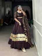 Lorenvalley Fashion Black and Maroon Georgette Bandhej Print And Embossed Design Lace With Paper Mirror Lace And Gota Patti Touch Up Lehenga Choli with Dupatta
