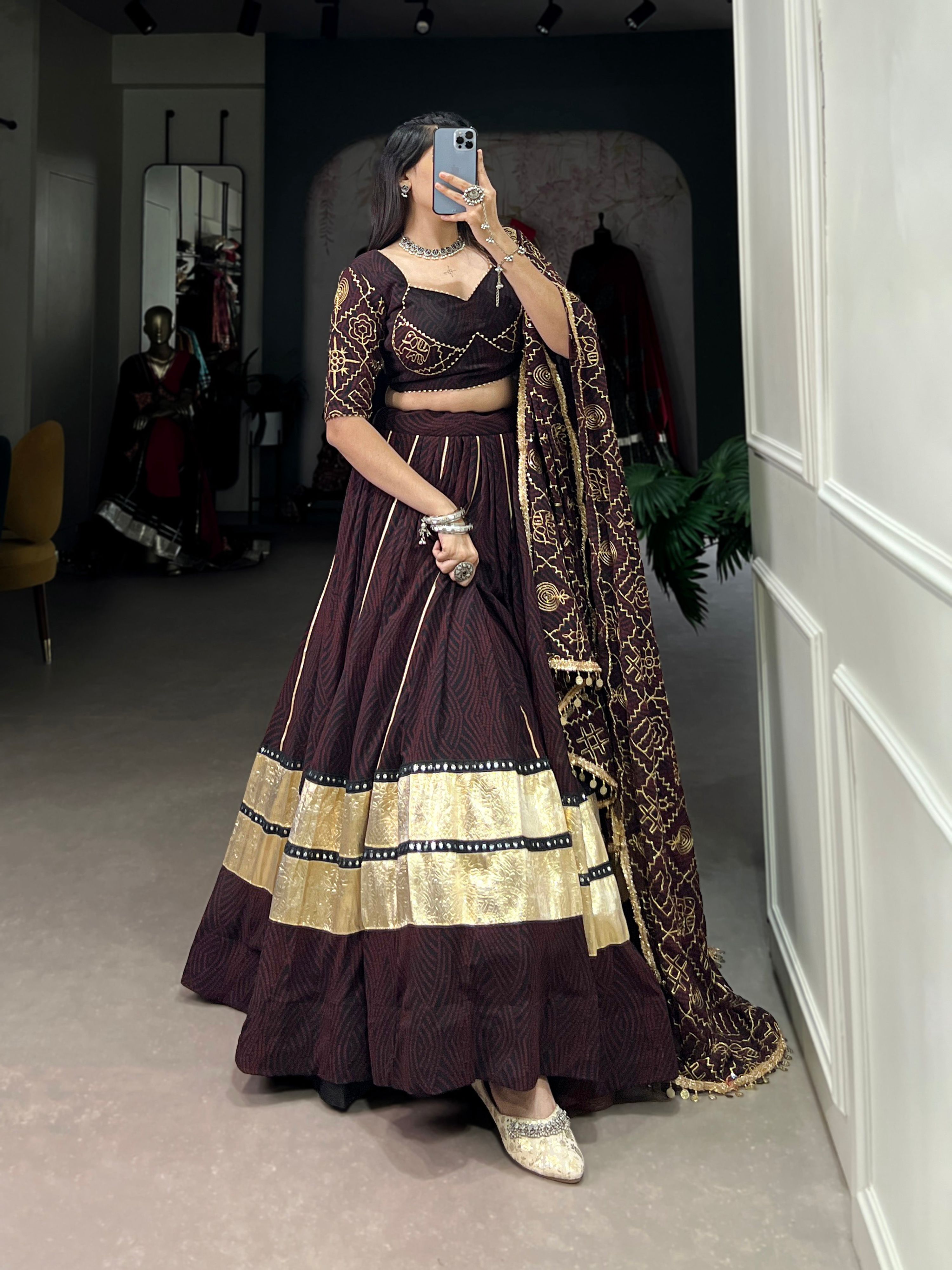 Lorenvalley Fashion Black and Maroon Georgette Bandhej Print And Embossed Design Lace With Paper Mirror Lace And Gota Patti Touch Up Lehenga Choli with Dupatta
