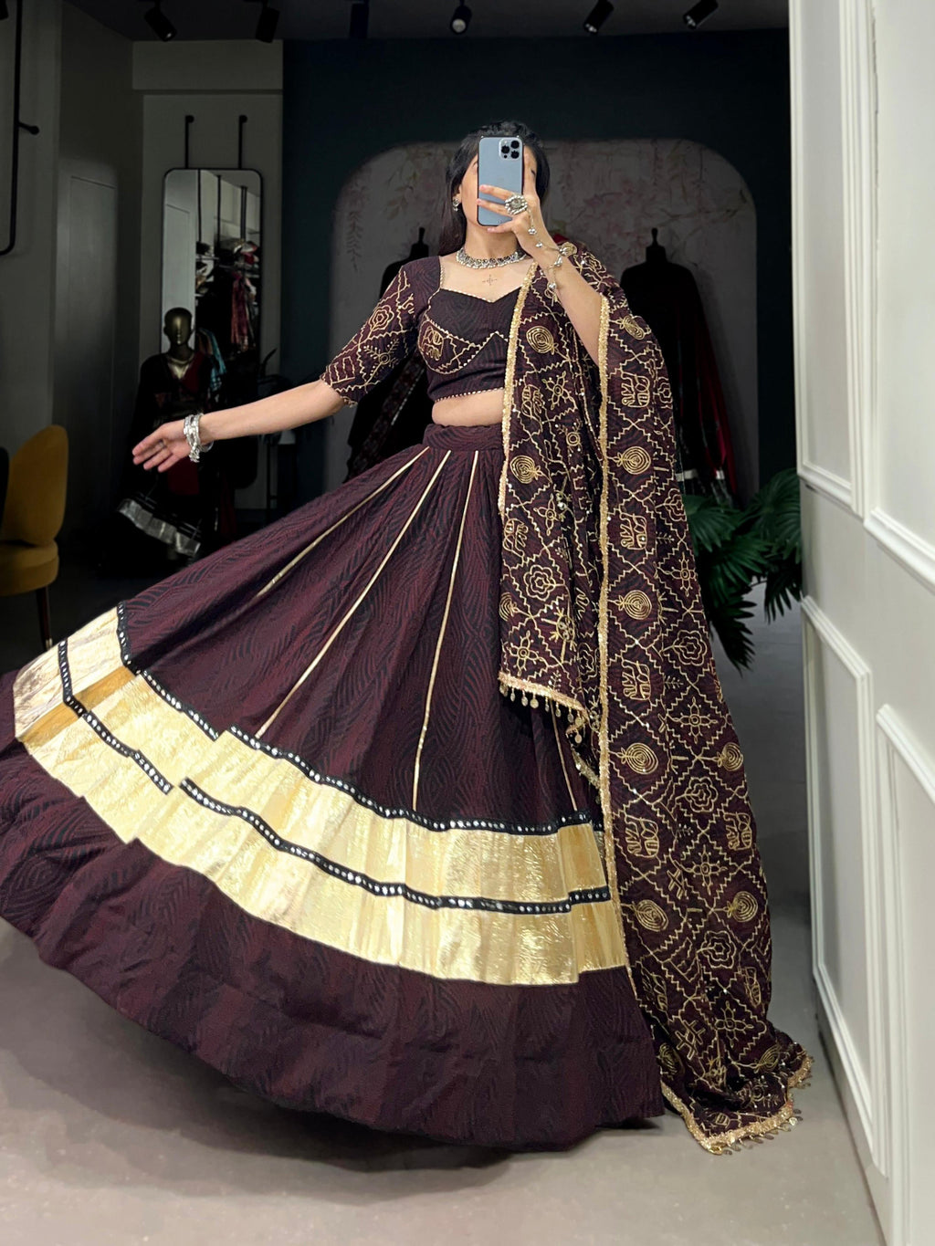 Lorenvalley Fashion Black and Maroon Georgette Bandhej Print And Embossed Design Lace With Paper Mirror Lace And Gota Patti Touch Up Lehenga Choli with Dupatta