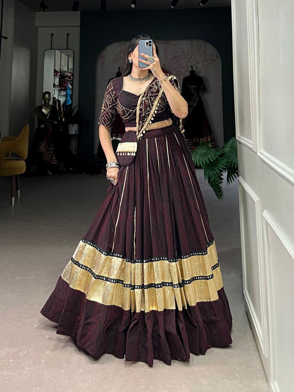 Lorenvalley Fashion Black and Maroon Georgette Bandhej Print And Embossed Design Lace With Paper Mirror Lace And Gota Patti Touch Up Lehenga Choli with Dupatta