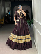 Lorenvalley Fashion Black and Maroon Georgette Bandhej Print And Embossed Design Lace With Paper Mirror Lace And Gota Patti Touch Up Lehenga Choli with Dupatta