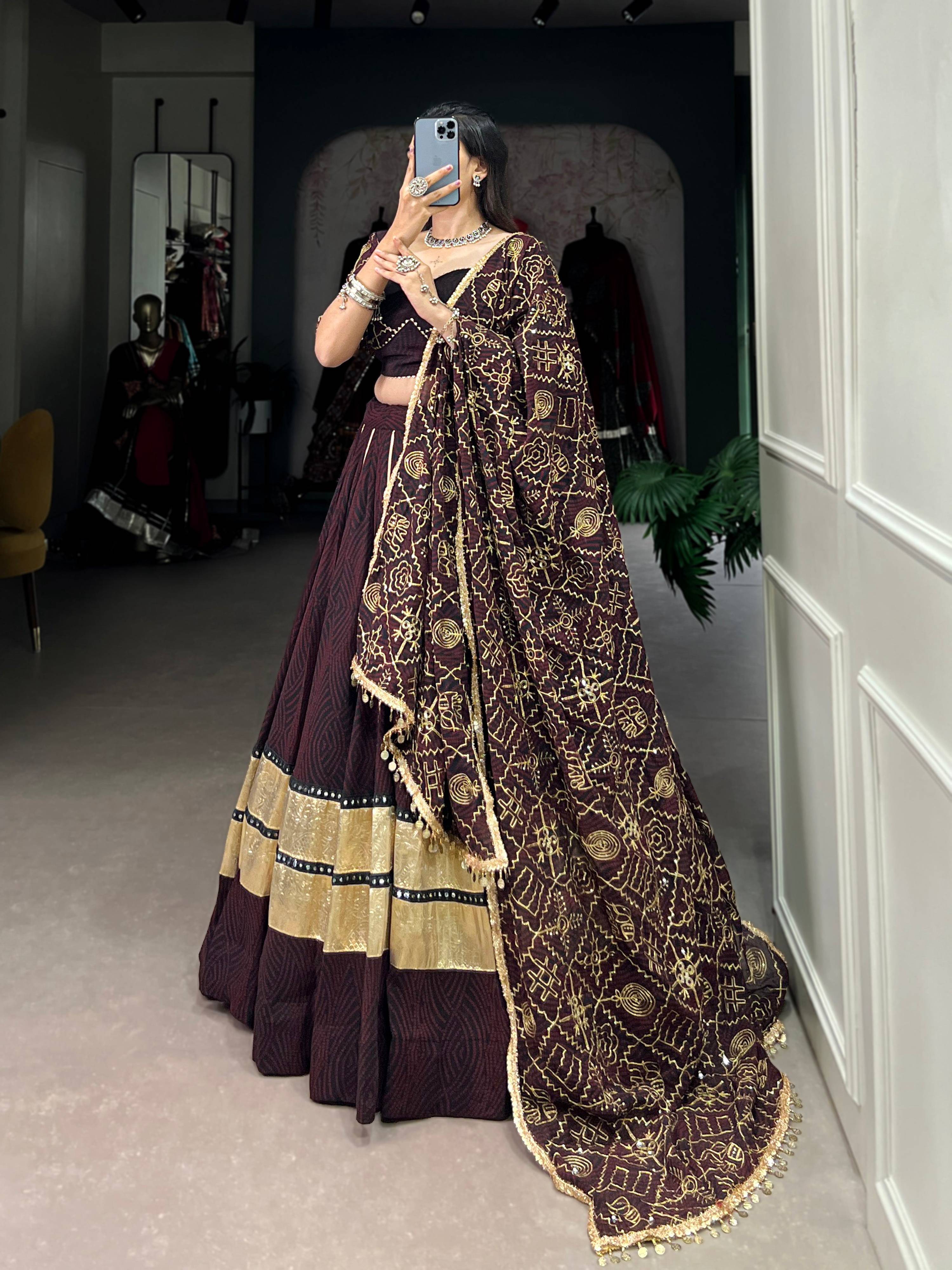 Lorenvalley Fashion Black and Maroon Georgette Bandhej Print And Embossed Design Lace With Paper Mirror Lace And Gota Patti Touch Up Lehenga Choli with Dupatta
