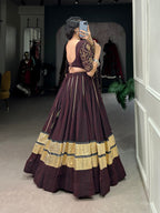Lorenvalley Fashion Black and Maroon Georgette Bandhej Print And Embossed Design Lace With Paper Mirror Lace And Gota Patti Touch Up Lehenga Choli with Dupatta