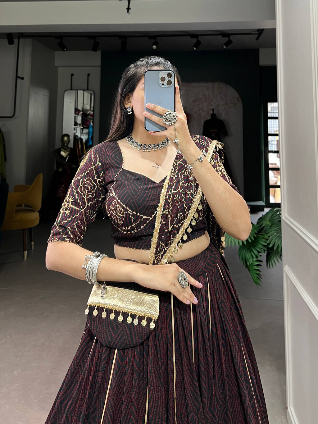 Lorenvalley Fashion Black and Maroon Georgette Bandhej Print And Embossed Design Lace With Paper Mirror Lace And Gota Patti Touch Up Lehenga Choli with Dupatta