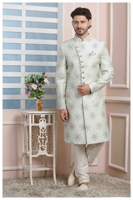 Raivat Ethnic Art Silk Thread Work Indo Western In Pista Green Colour